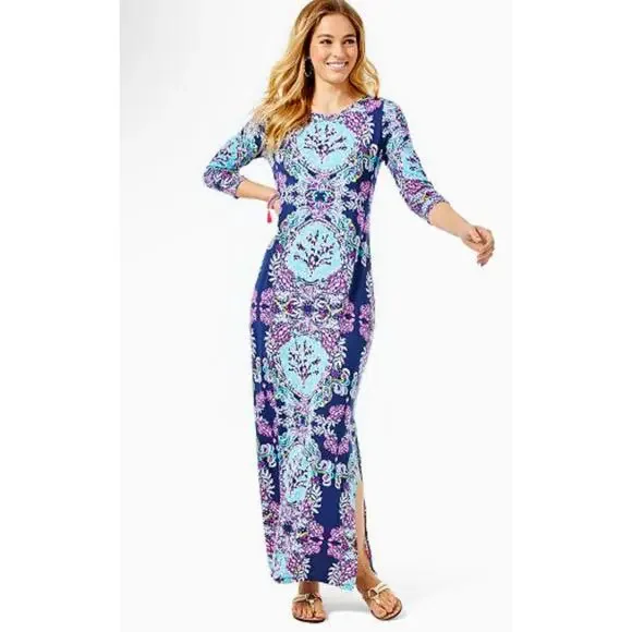 Lilly Pulitzer Morgann Maxi Dress in High Tide Navy Mermaid Size Medium - Picture 2 of 10